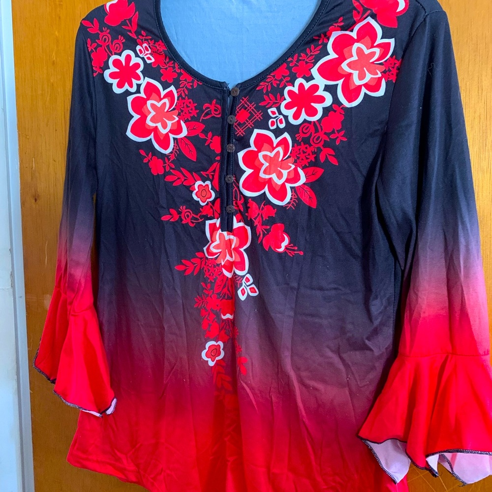 Emery Rose Asian Design Inspired Blouse (Red/ Black) Med Flared Sleeves